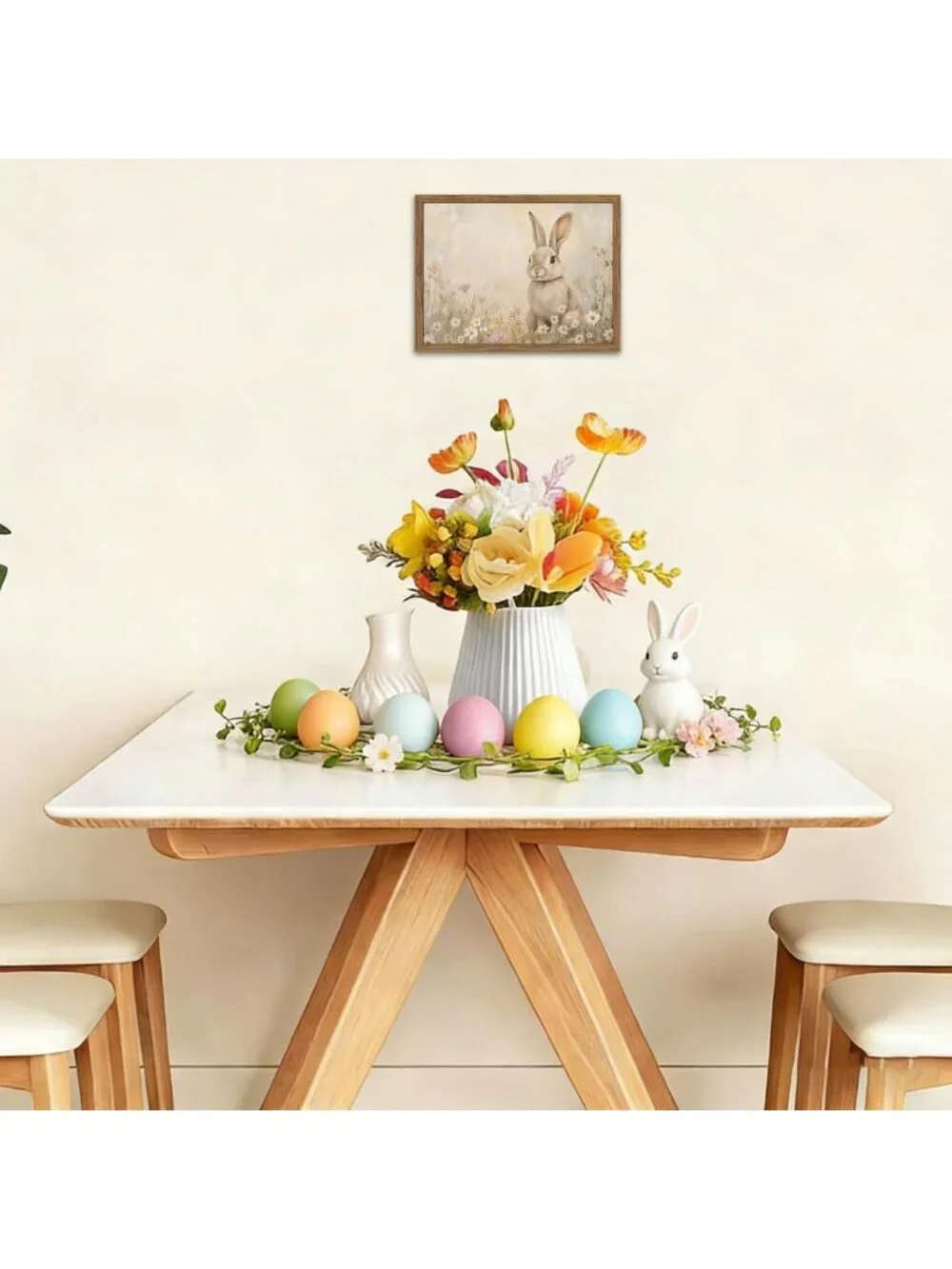 Spring Rabbit Wall Art - Vintage Floral Canvas Decor for Kids & Living Room